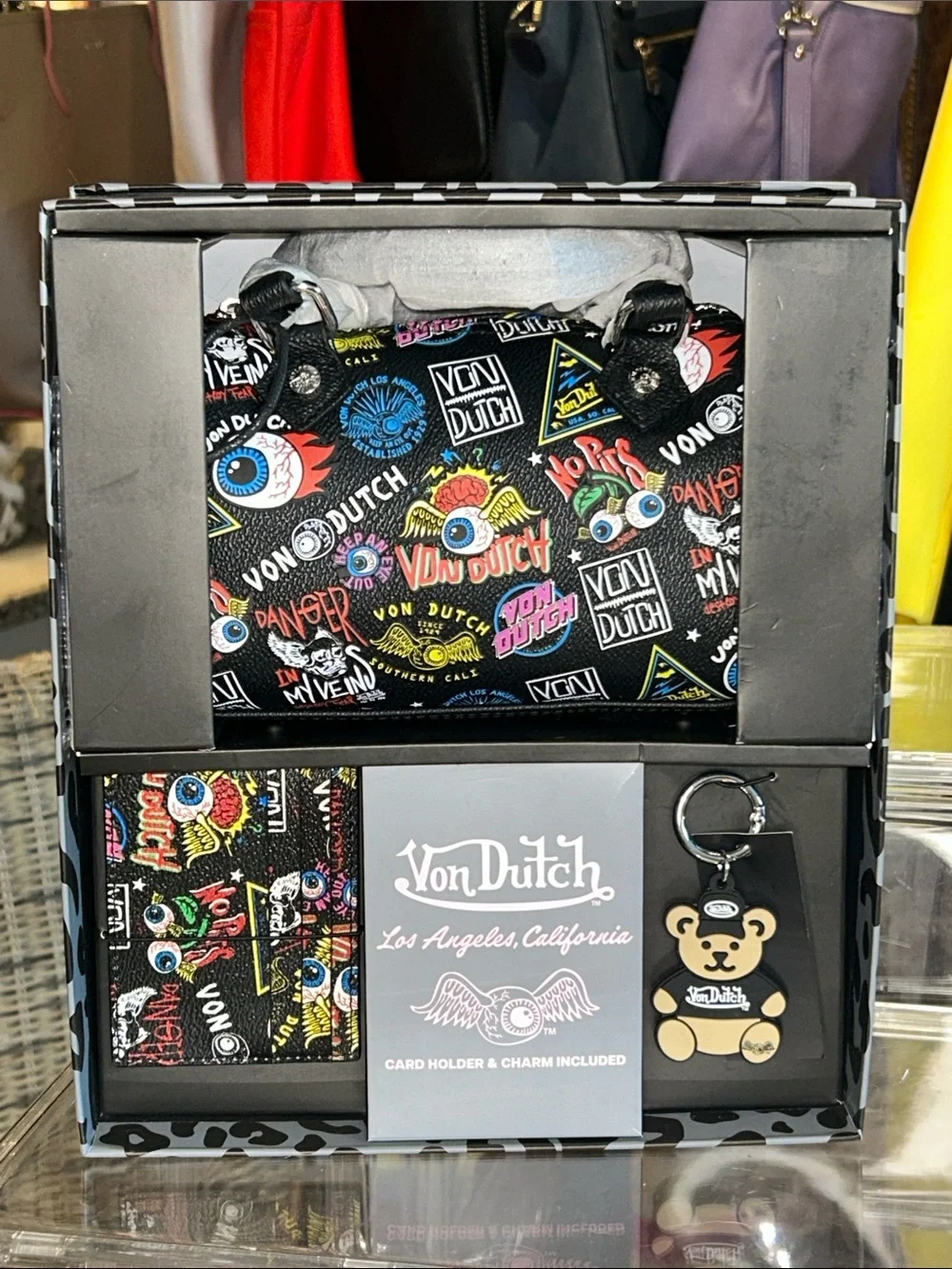 Von Dutch- NIB! Black Multi-Color Logo Print Handbag & Card Holder Bundle